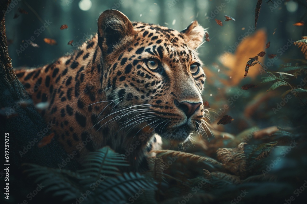 AI generated illustration of an African leopard, with intense eyes wide open and lush foliage