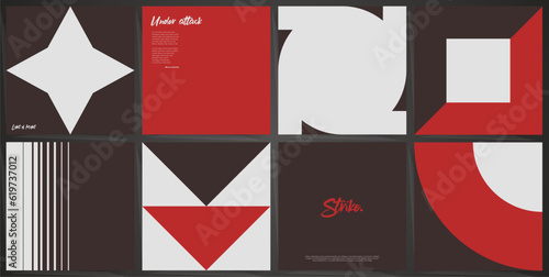 Futuristic geometric cover design with bold and brutal elements. Ideal for contemporary branding, digital platforms, music albums, and banner layouts. Minimal red, black and white post backgrounds.