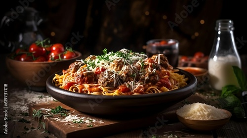AI-generated illustration of A close-up shot of a plate of spaghetti and meatballs