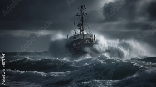 AI generated illustration of a majestic sailing vessel out at sea on a stormy day