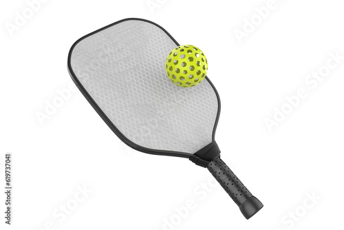 pickleball sport equipment - paddels and balls isolated on white background - 3d illustration photo