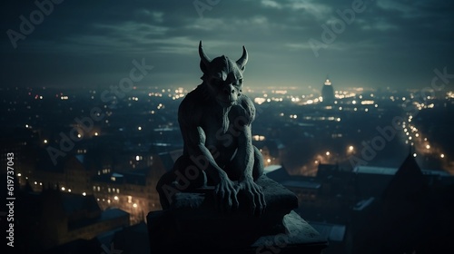 Foto AI generated illustration of a stone gargoyle sculpture on a roof at night