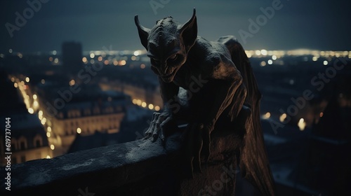 Fotografia AI generated illustration of a stone gargoyle sculpture on a roof at night