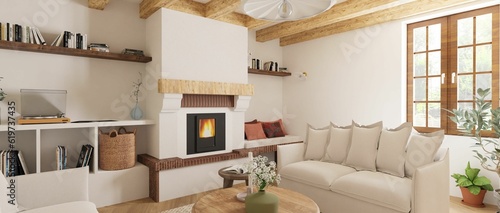 AI generated living room with a cozy wooden ceiling and a beautiful fireplace near sofa