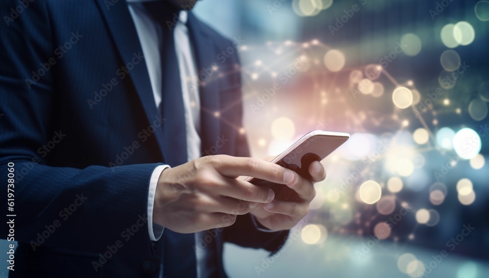 Businessman using smartphone, Internet connection technology. Generative AI Businessman using smartphone, Internet connection technology. Generative AI