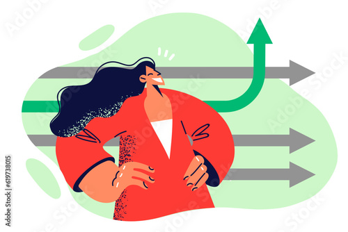 Successful woman stands near arrows symbolizing business analytics and increasing income