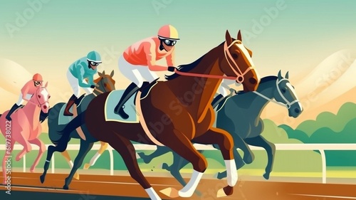 Vászonkép AI generated illustration of colorful jockeys and horses racing around a vibrant