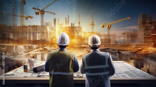 Construction team, and site building job for architect and contractor working together on safety vision and project development with generative ai