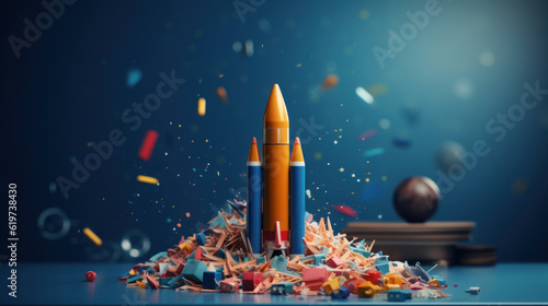 Back to school creative banner. Rocket ship launch made with pencils. Online learning digital education concept. Generative AI