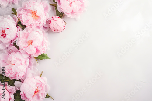 Many beautiful peonies blossoms on light background with copy space. © Александр Марченко