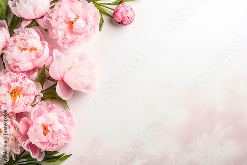 Many beautiful peonies blossoms on light background with copy space. © Александр Марченко