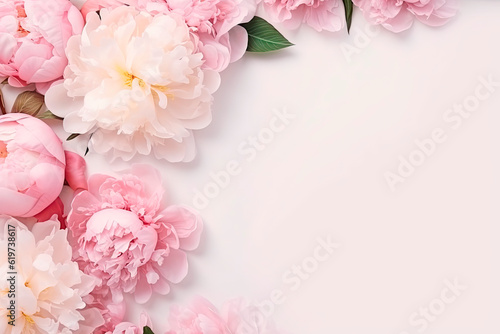 Fototapeta Naklejka Na Ścianę i Meble -  Many beautiful peonies blossoms on light background with copy space.