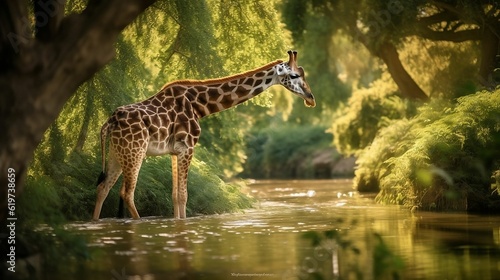 AI generated illustration of A giraffe standing in a shallow stream of water its long neck