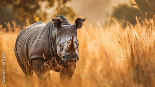 AI generated illustration of Majestic Rhinoceros standing in the vibrant, golden grass