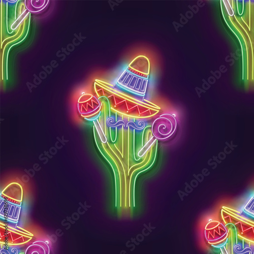 Seamless pattern with glow Mexican cactus in sombrero with marocas. Cute singer, mariachi. Neon Light Texture, Signboard. Glossy Background. Vector 3d Illustration