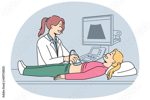 Female doctor do ultrasound examination for small girl in hospital. Woman therapist or pediatrician make checkup perform organs scanning to teen kid in clinic. Healthcare. Vector illustration.