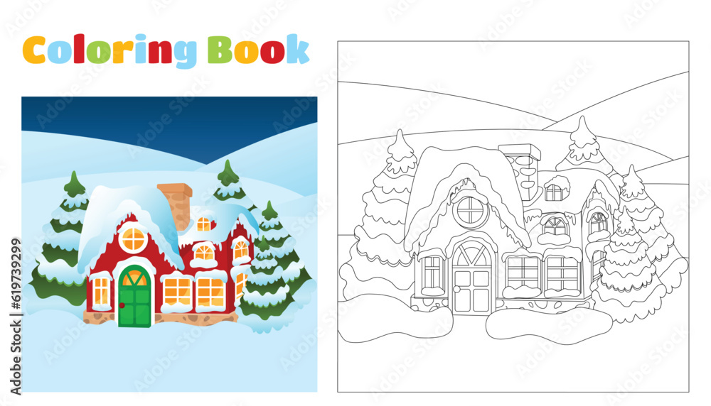 Christmas coloring book for children and adults. Santa's house on a snowy background. Near the house they ate in the snow and it is snowing. Mood of comfort, Christmas and holiday. 