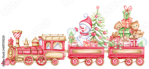 Vintage Santa's train with Christmas tree, snowman and gifts isolated on white background. Cute hand drawn watercolor illustration in cartoon style for children's invitations and greeting cards.