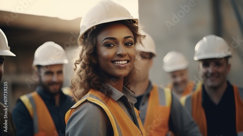 Engineer, construction and team with black woman or manager outdoor for civil engineering and building. Portrait of leader and gender equality with men and women together with generative ai