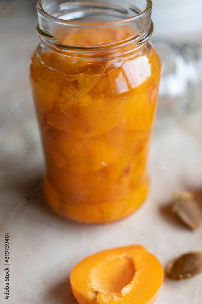 Preserved fruits in a jar. Fresh stewed apricots Preserved fruits in a jar. Fresh stewed apricots