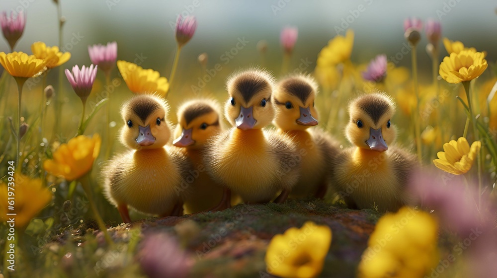 AI generated illustration of a group of little ducks in a field full of colorful flowers