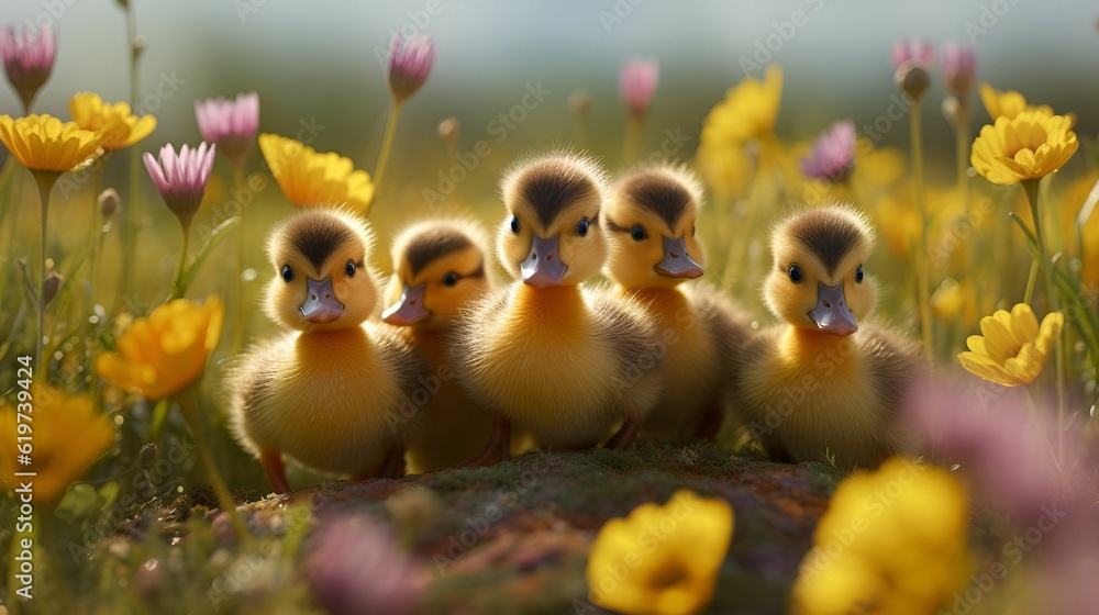 AI generated illustration of a group of little ducks in a field full of colorful flowers AI generated illustration of a group of little ducks in a field full of colorful flowers