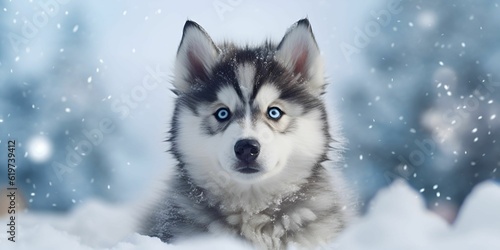 AI generated illustration of a beautiful white and grey husky dog sitting on freshly fallen snow