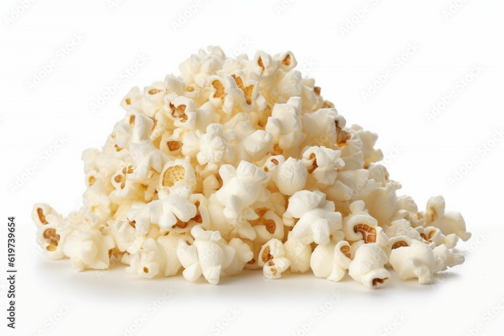 AI generated illustration of a mound of freshly-popped popcorn on a white background
