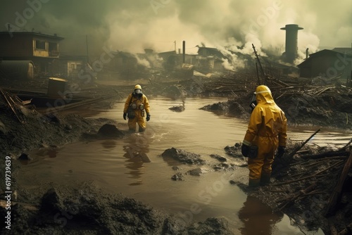 Hazmat suit workers are looking at the aftermath of a storm or hurricane flood.
