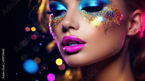 Fashion model woman face in bright sparkles, colorful neon lights, beautiful sexy girl lips. Trendy glowing gold skin makeup with generative ai