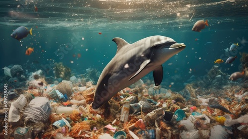 A sad dolphin swimming in an ocean full of trash and debris  from human pollution.