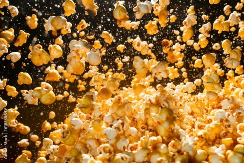 AI generated illustration of a popped popcorn being showered down in the air, raining down