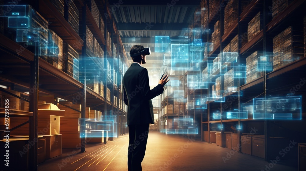Fototapeta premium Future virtual reality technology for innovative VR warehouse management . Concept of smart technology for industrial revolution. generative ai
