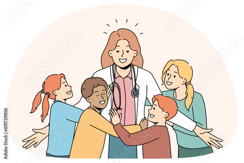 Happy little kids hugging smiling female doctor in clinic. Excited small children embrace pediatrician show love and care. Good medical service in hospital. Vector illustration.