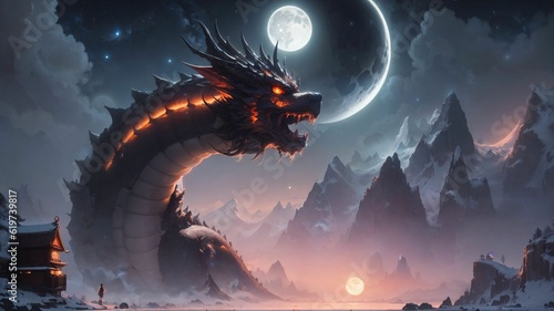 AI generated illustration of a fierce mythical dragon in a mysterious moonlit land