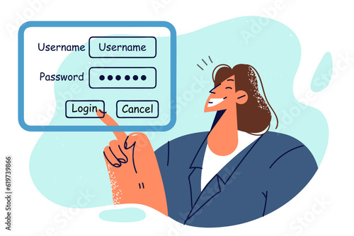 Business woman enters username and password into form on virtual screen to gain access to account
