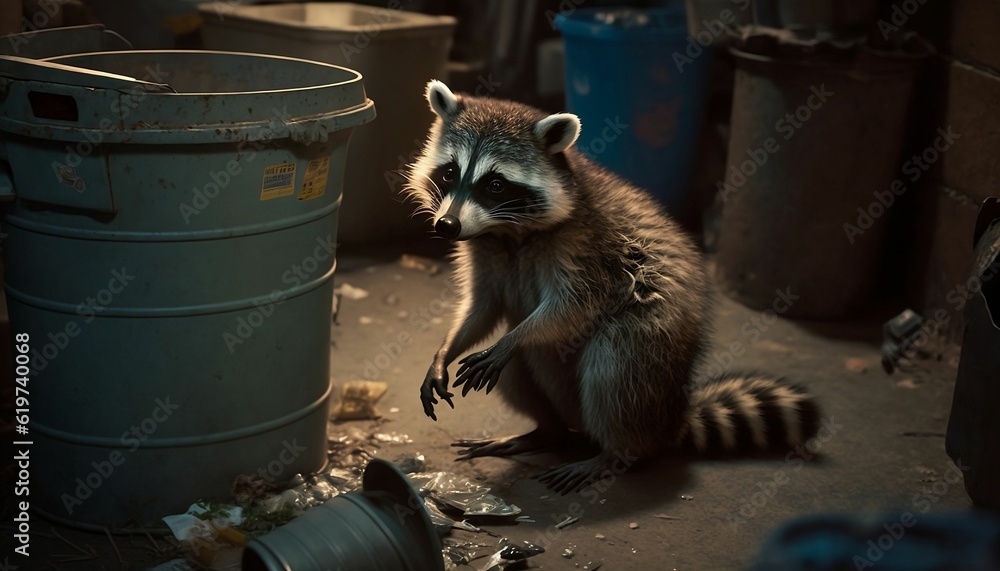 AI generated illustration of an adorable raccoon standing next to rubbish - obrazy, fototapety, plakaty 