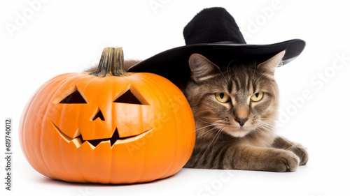A cute cat wearing a Halloween hat and sitting next to a Halloween pumpkin © The animal shed 274