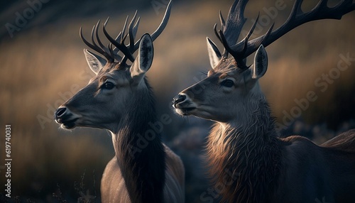 AI generated illustration of two beautiful red deer standing side-by-side in a lush field