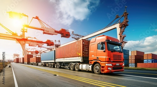 Logistics distribution of containers cargo freight ship, truck and train on white background, global business logistics transport import export and international commerce concept, generative ai