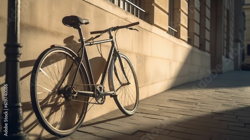 AI generated illustration of a bicycle parked in a public area on the sidewalk