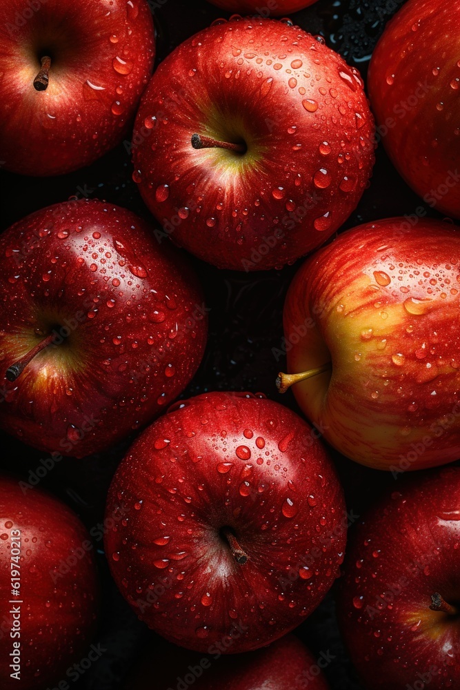 AI generated illustration of ripe red apples covered in water droplets AI generated illustration of ripe red apples covered in water droplets