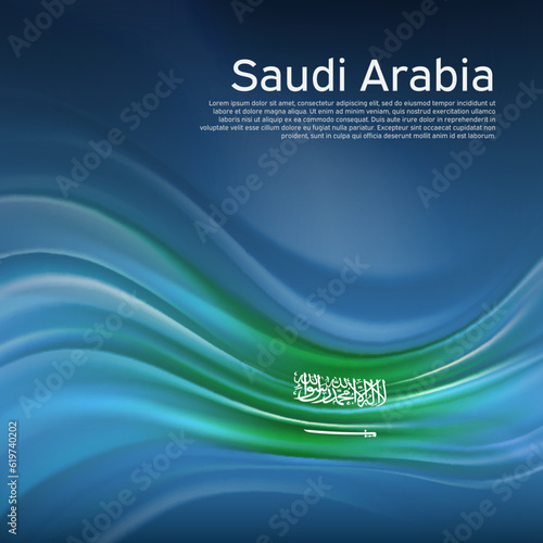 Saudi Arabia flag background. Abstract flag in the blue sky. National holiday card design. State banner, saudi arabia poster, patriotic cover, flyer. Business brochure design. Vector illustration