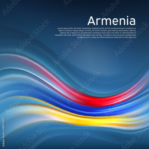 Armenia flag background. Abstract armenian flag in the blue sky. National holiday card design. State banner, armenia poster, patriotic cover, flyer. Business brochure design. Vector illustration