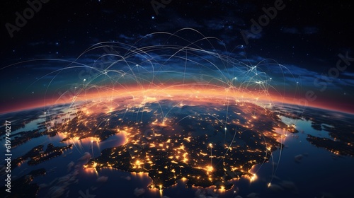 Global background with connecting lines around the Earth globe, future technology theme background with circles and lines with generative ai