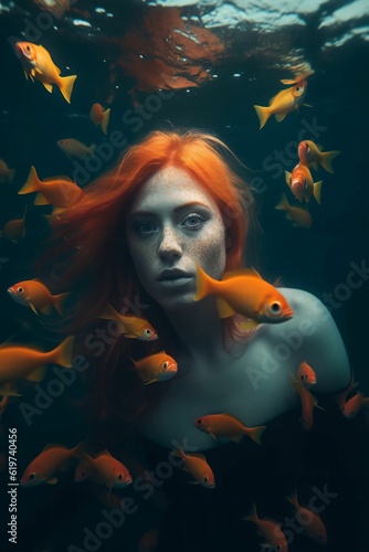 Portrait of a redheaded woman in an underwater setting surrounded by fish. AI-generated.