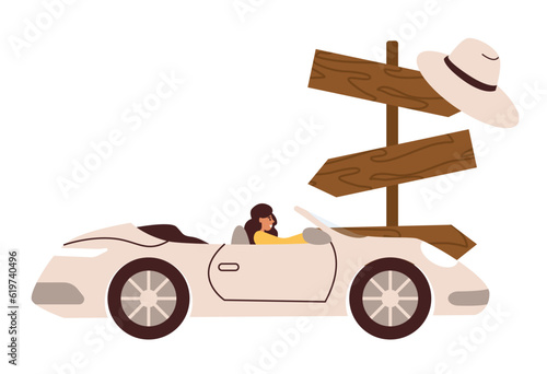 Woman in cabrio car at road trip. Woman driving convertible. Business concept. Summer auto ride in open top. Flat vector illustration isolated on background