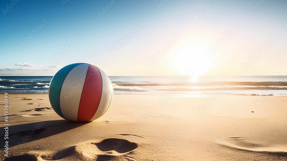 AI-generated illustration of a vibrant beach ball on the sand at sunset.