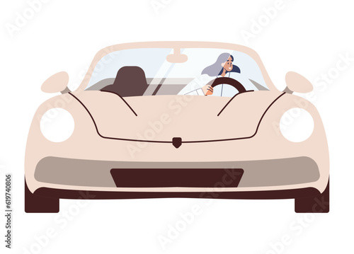 Woman in cabrio car at road trip. Woman driving convertible. Business concept. Summer auto ride in open top. Flat vector illustration isolated on white background