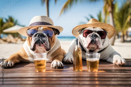 AI generated illustration of two bulldogs wearing glasses, hats and enjoying a beer on a sunny beach © Zelma Brezinska/Wirestock Creators